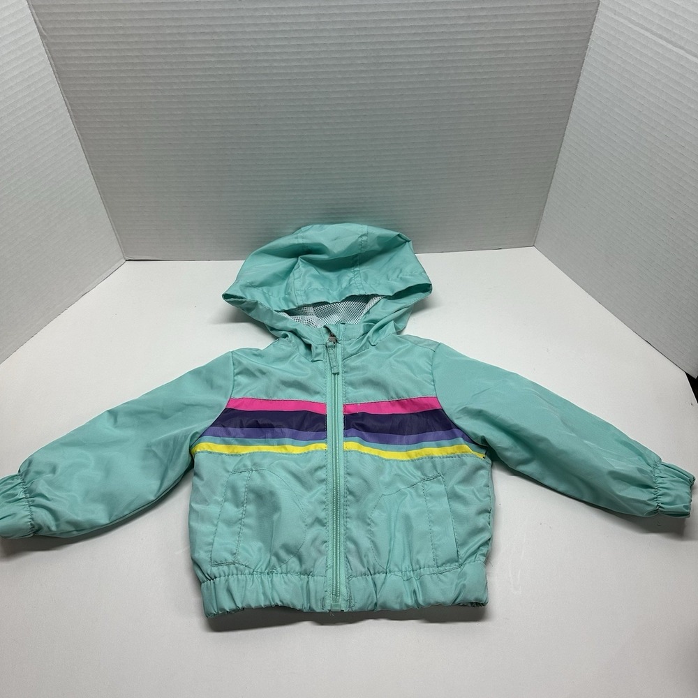 Pink Platinum Toddler Girls Hooded‎ Windbreaker Jacket 12M Teal W/Stripes